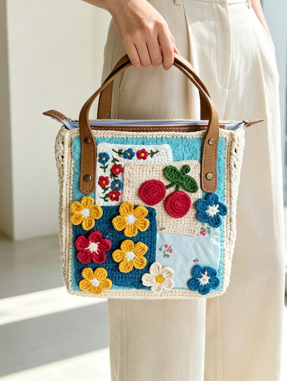 Handcrafted Crochet Floral Tote with Tan Handles - Multicolor
